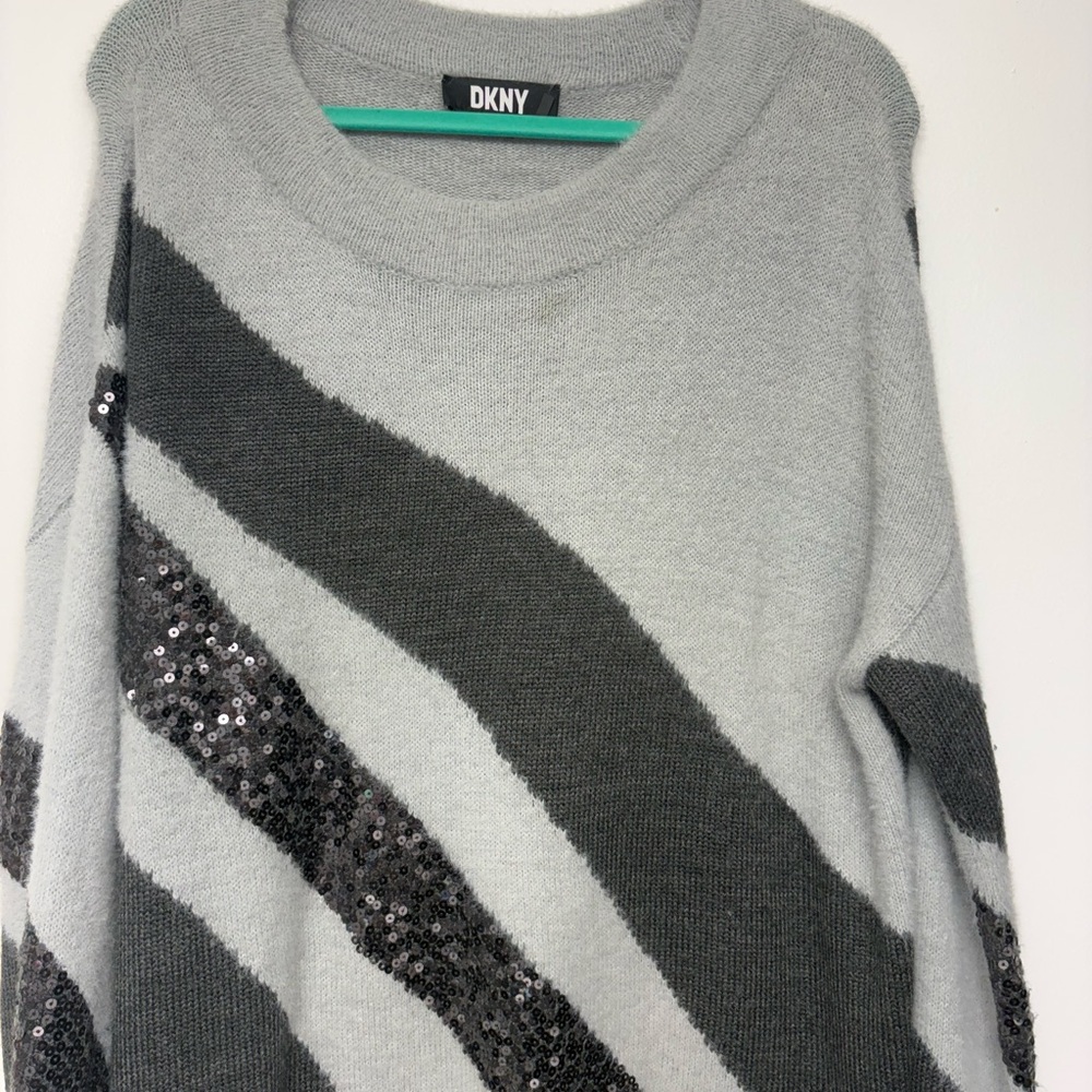 DKNY Women's Sweater with Gray and Black Stripes